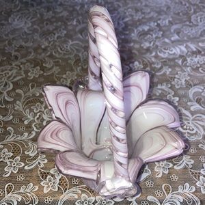 GLASS BASKET, lavender, wh, clear with swirling handle.           $19